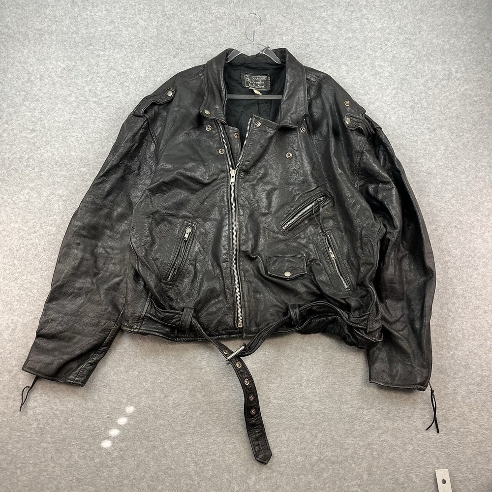 Vintage‎ Diamond Leather Black Motorcycle Jacket Belted Waist Heavy 80s Moto XL